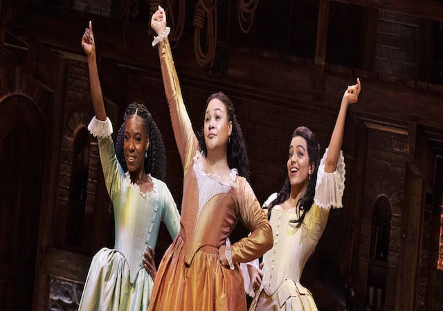 Shan Ako as Eliza Hamilton, Allyson Ava Brown as Angelica Schuyler, Roshani Abbey as Peggy Schuyler. Photo by 640
