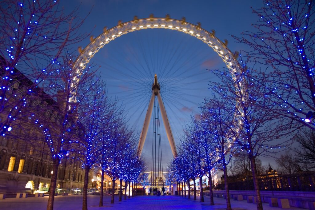 London Eye decorated with lights